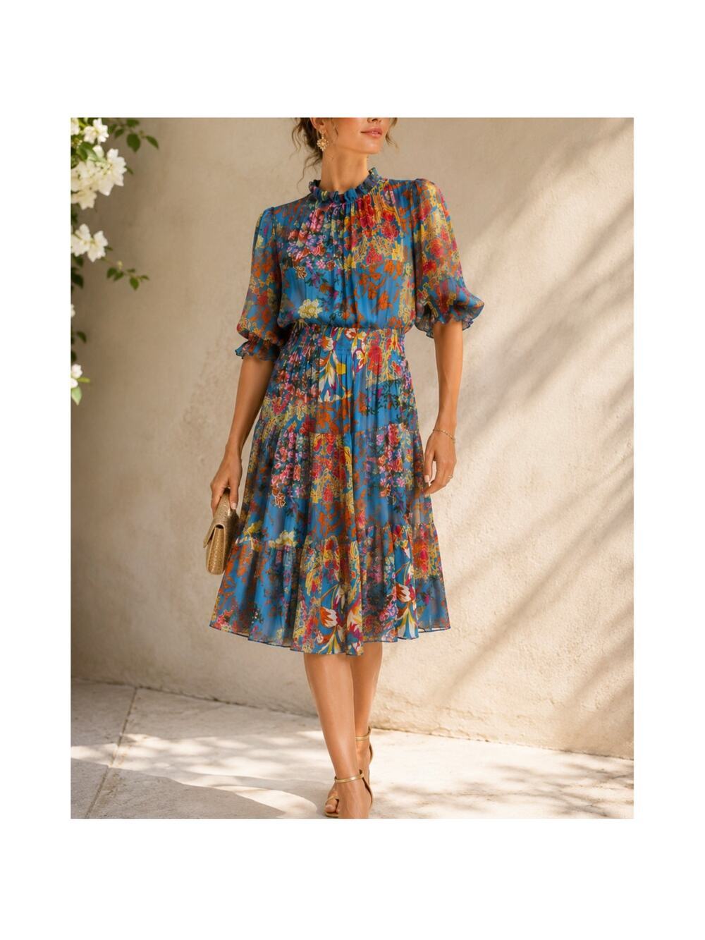 Stellah Floral Smocked Tiered Midi Dress Wedding Guest Puff Sleeve Size Medium